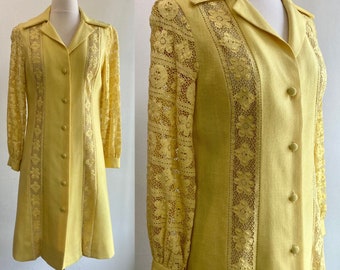 Vintage 60s 70s MOD LINEN Coat Dress / LACE Cage Sleeves / Shannon Rogers for Jerry Silverman