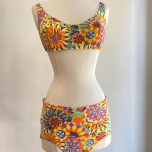 Vintage 60s Bikini / BRA Top + HIGH Waist HIPSTER Bottoms / Colorful Psychedelic Floral Pattern / Elemko Made in Israel for Meier & Frank