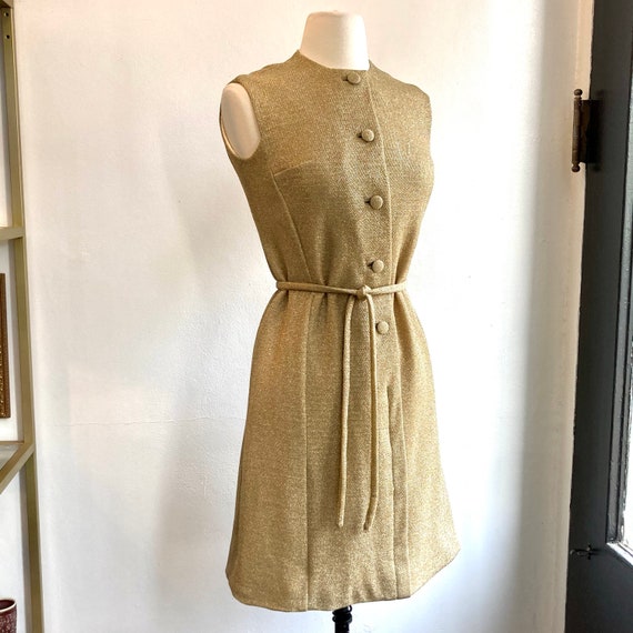 Vintage 60s Party Dress / Mod / Gold Metallic Lam… - image 2