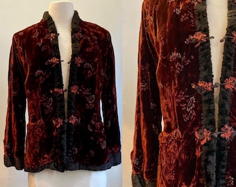Vintage 70er Jahre VELVET Blazer + Wende-Kunstpelz/ Handbemalt FLORAL / Taschen + Froschknöpfe + Kragenlos