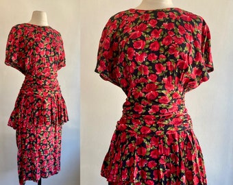 Vintage 80s Dress / 40s Dress Style / Rose Print / Drop Shoulder + Ruched Waist + Peplum + Pencil Skirt / John Roberts