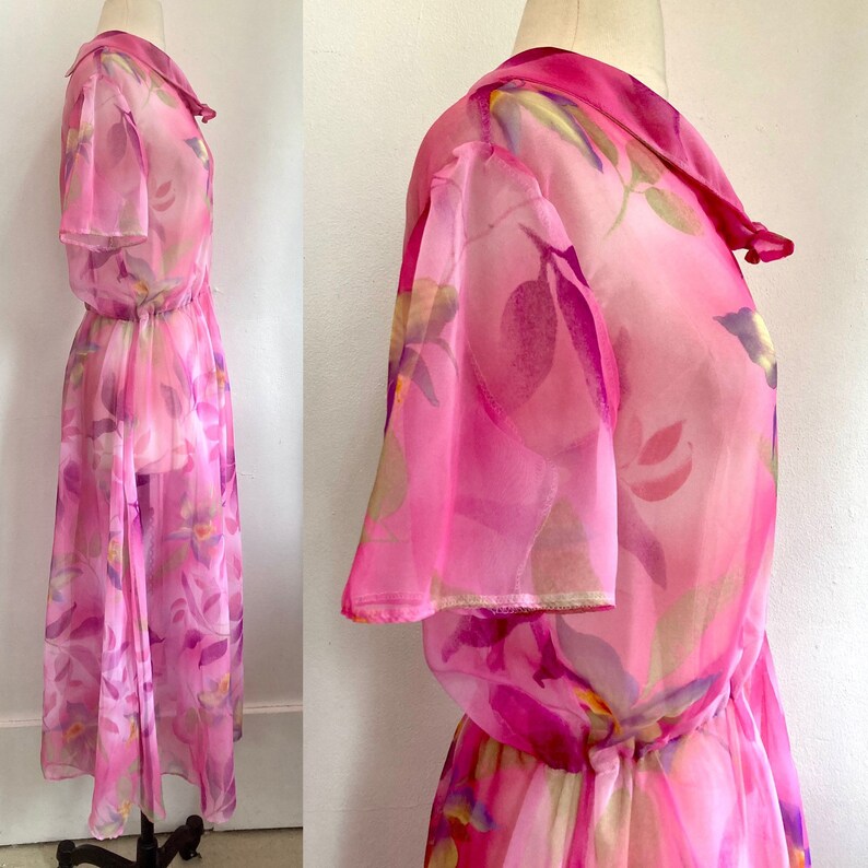 Vintage 50s Dress / SHEER FLORAL CHIFFON / Fit Flare Shawl Tie Collar / Pretty image 3