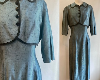 Vintage 50s DRESS Suit / Iridescent SILK Sharkskin in Blue + Black Slub / Cropped Bolero Jacket + Wiggle Dress / Julie Miller California