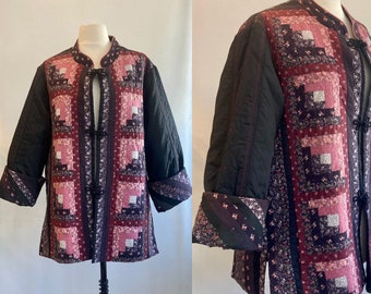 Vintage 80s 90s QUILTED PATCHWORK Coat Jacket / Hand Quilted / KIMONO Robe Style