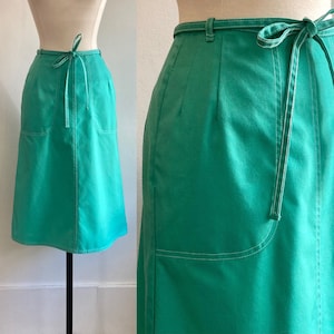 Vintage 70s Wrap Skirt in Seafoam Color Cotton Duck  with WHITE Top Stitch and Deep POCKETS by KORET