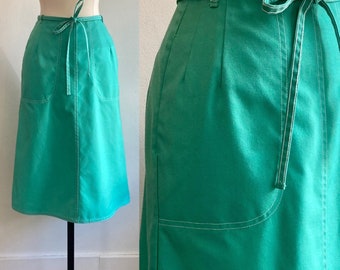 Vintage 70s Wrap Skirt / Seafoam Color Cotton Duck  / WHITE Top Stitch + Deep POCKETS / KORET