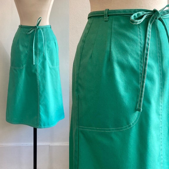 Vintage 70s Wrap Skirt / Seafoam Color Cotton Duc… - image 1