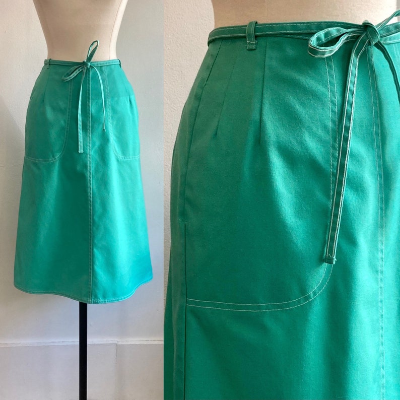 Vintage 70s Wrap Skirt in Seafoam Color Cotton Duck  with WHITE Top Stitch and Deep POCKETS by KORET
