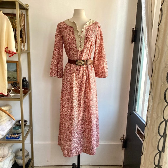 Vintage 70s Boho CAFTAN Dress / Cotton BLOCK Prin… - image 4
