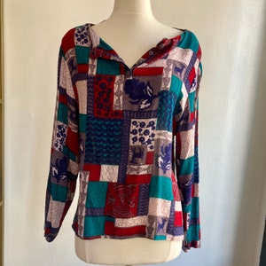 Vintage 70s ADINI GAUZE Top Blouse Scarf Tie / Patchwork Print Reversible image 2