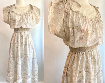 Sweet Vintage 70s 80s Floral Boho PRAIRIE Dress / Romantic LACE Illusion Detail + BOWS + Satin Ribbon Trim