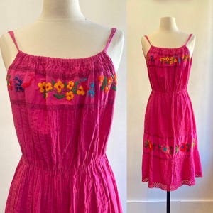 Vintage 70s Mexican Sundress / FOLK Boho Dress / Hot PINK Cotton + Flowers / Hand Embroidered + Pintucking + Lace