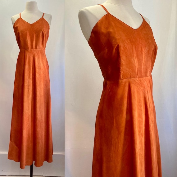 Vintage 40s 50s SATIN ACETATE Slip Dress / Maxi Slip Dress / On BIAS + Long Lean Fit + Darted + Side Snaps / Burnt Orange