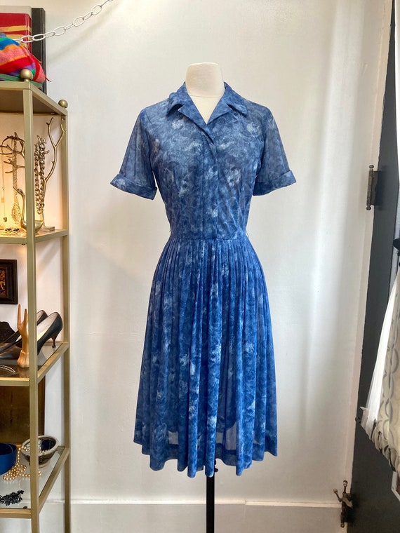 Vintage 50s Shirtwaist Dress / SHEER BLUE ROSE Pr… - image 2