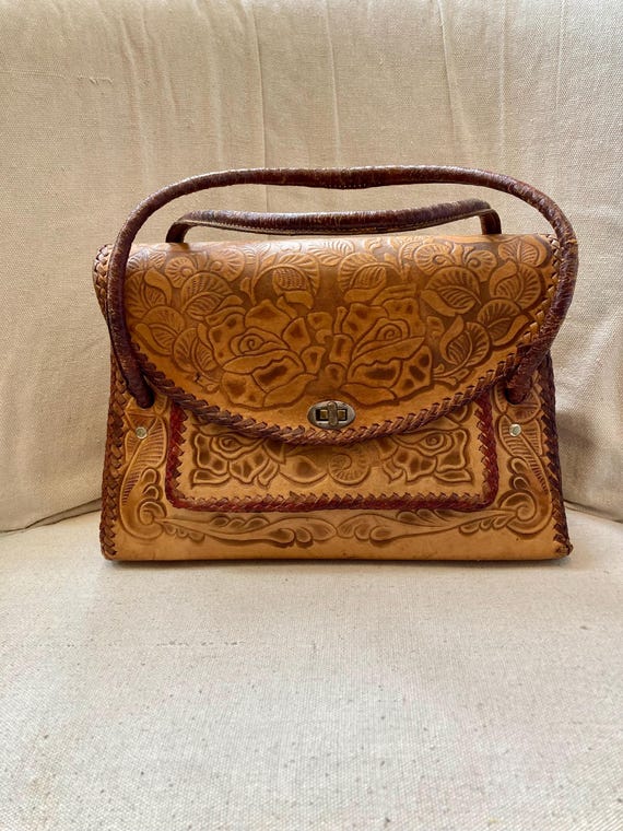Vintage TOOLED Leather Purse / 40s 50s Tooled Leather Hand Bag / Floral Pattern + Deer Scene on Bottom / Many Pocket Options