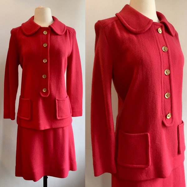 Vintage 60s KNIT SUIT / Mod Two Piece / Coral Skirt + Top + Peter Pan Collar + Pockets + Gold Buttons / Glasgo Knitwear Wool + Kid Mohair