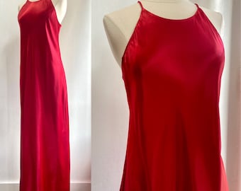 Vintage 80s Slip Dress / RED SATIN + On the Bias + Racer Back + Maxi Length / All That Jazz / M