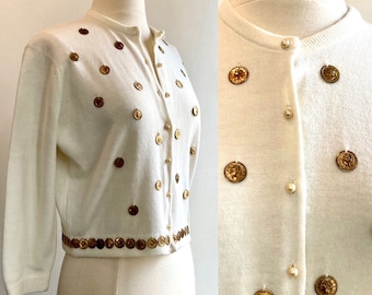 Vintage 50s Cardigan Sweater / 3D GOLD COIN Embellished / PEARL Buttons + Cropped