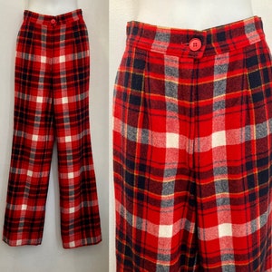 Vintage 70s Plaid Pants / PENDLETON KNOCKABOUTS Trousers / Red Tartan Wool Slacks / High Waist + Straight Leg / XS
