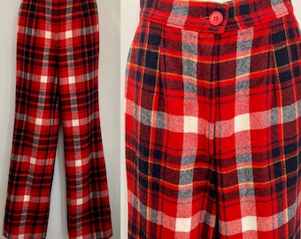 Vintage 70s Plaid Pants / PENDLETON KNOCKABOUTS Trousers / Red Tartan Wool Slacks / High Waist + Straight Leg / XS