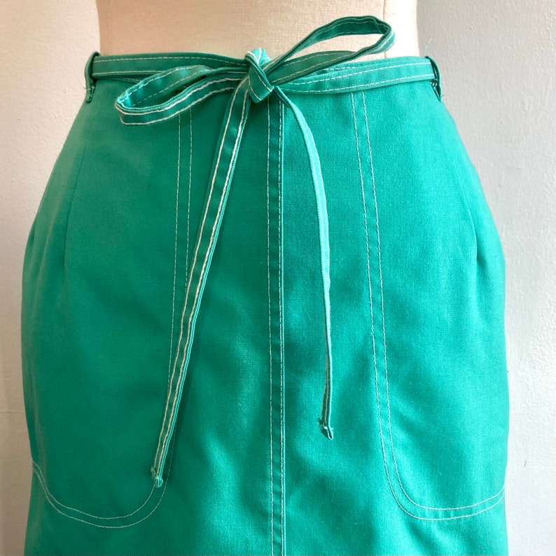 Vintage 70s Wrap Skirt / Seafoam Color Cotton Duck / WHITE Top Stitch Deep POCKETS / KORET image 5