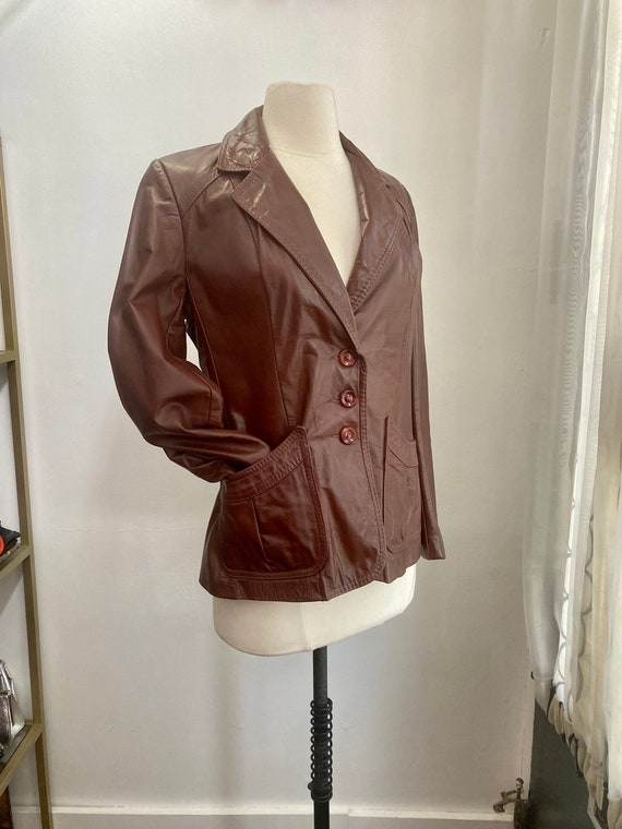 Vintage 70s BROWN Leather Jacket Blazer / BACK BU… - image 2