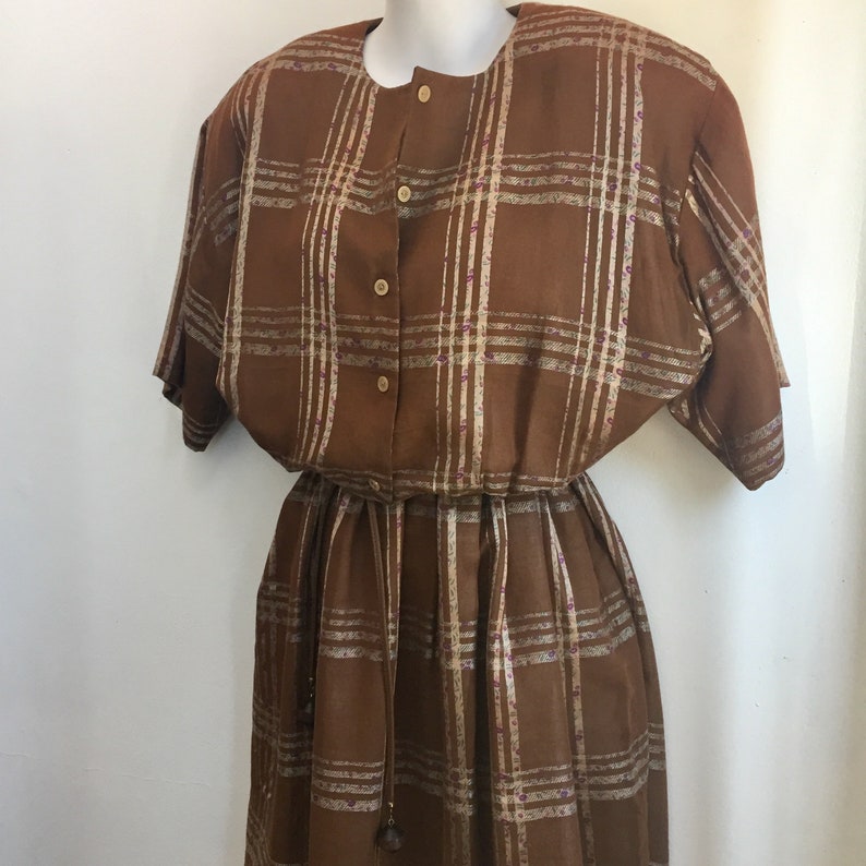 Vintage 80/'s Classic PREPPY PLAID SHIRTDRESS Unique Linen Like Fabric Side Zip Pocket Shoulder Pads