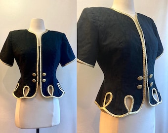 Vintage 80s Peplum Jacket Blazer / Black Jacquard + Gold Metallic Trim Edge Cut-Outs + Gold Buttons / Rimini