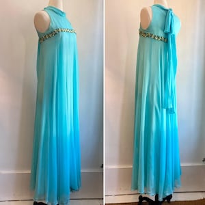 Vintage 60s Goddess Gown Special Occasion Dress / Mod Maxi / SILK CHIFFON + Flowered Embroidery / Seafoam Aqua Blue