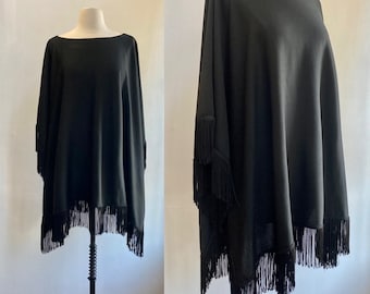 Vintage 70s Poncho Cape / FRINGE / Black Ponte Knit / Double Knit / Lily Lynn / L