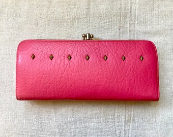 Vintage 60s HOT PINK WALLET / Pebbled Leather Look + Gold Studs + Two Kisslocks / Baronet