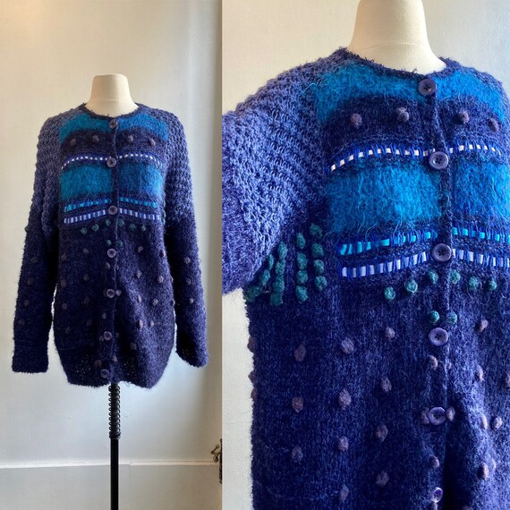Vintage 80s Cardigan / HANDWOVEN Knit / MOHAIR Wool + Popcorn 