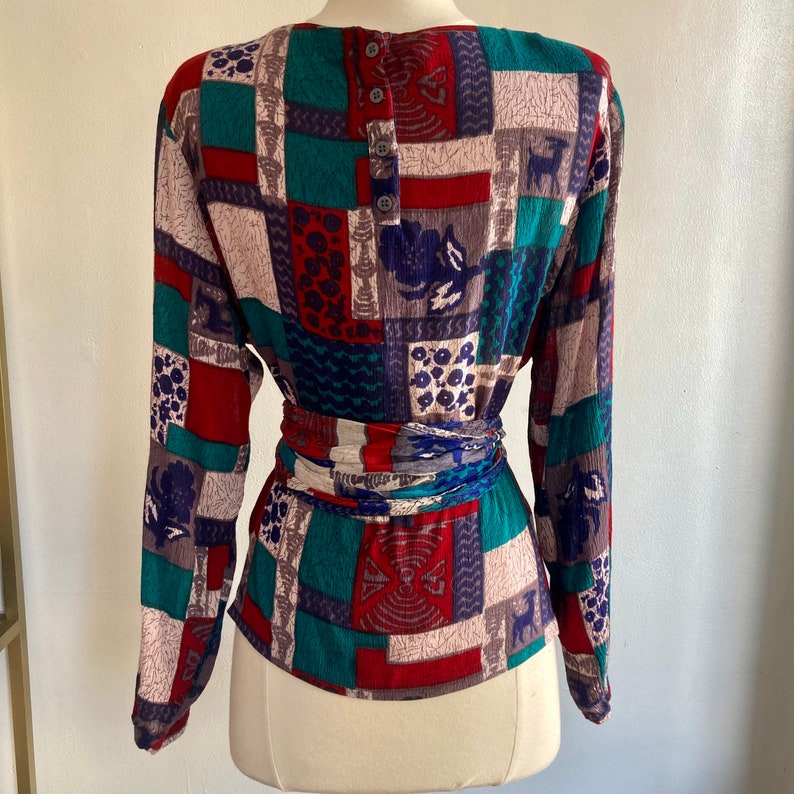 Vintage 70s ADINI GAUZE Top Blouse Scarf Tie / Patchwork Print Reversible image 3