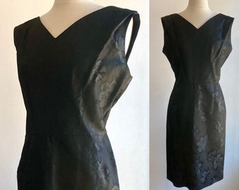 Vintage 50's 60's COCKTAILParty Dress / 1950's  Little Black Dress / SILK Floral Damask / Volup
