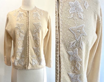 Vintage 50s BEADED CARDIGAN Sweater / White Beads + Sequins / Cream Lambswool + Angora / Made in Hong Kong