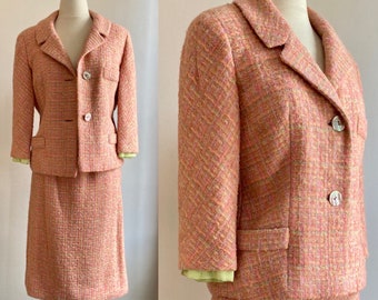 Vintage 50s 60s Skirt Suit / PINK TWEED Blazer +  Pencil Skirt / Flecks of Yellow + Green / Abalone Shell Buttons + Lined