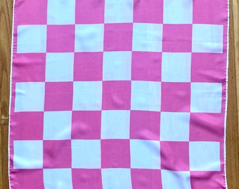 Vintage VERA Scarf / PINK + White CHECKERBOARD / Signature + Ladybug / Handrolled / Made in Japan