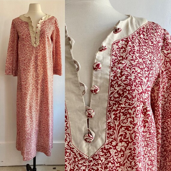 Vintage 70s Boho CAFTAN Dress / Cotton BLOCK Prin… - image 1