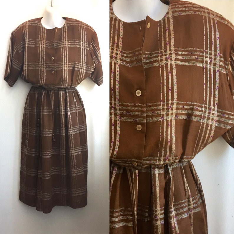 Vintage 80/'s Classic PREPPY PLAID SHIRTDRESS Unique Linen Like Fabric Side Zip Pocket Shoulder Pads