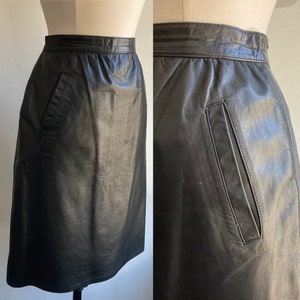 Vintage BLACK LEATHER Skirt / Leather Mini Skirt / POCKETS High Waist / Lined image 1