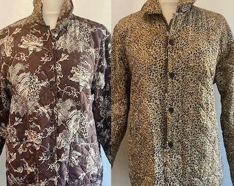Vintage 80s SILK QUILTED Animal Print Jacket Coat / REVERSIBLE / Cheetah + Leopard + Tiger