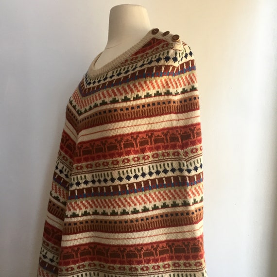 Vintage 70’s FAIR ISLE PONCHO / Wooden Buttons + … - image 4