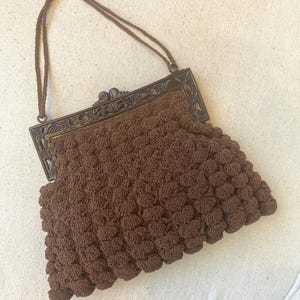 Vintage 30s 40s CROCHET Handbag / POPCORN Knit / Carved Celluloid Resin Frame + Adjustable Handle / Chocolate Brown