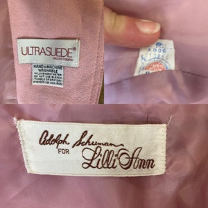 May include: A pink Ultrasuede brand fabric jacket with a label that reads "Adolph Schuman for Lilli Ann" and care instructions for washing and drying the jacket.