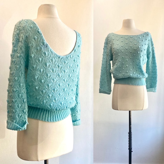 Vintage 50s 60s Crochet Knit Sweater / Low Back /… - image 1