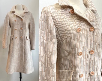 Vintage 60s Trench Coat / MOD ABSTRACT Pattern Raincoat / Dress Coat / Double-Breasted + Back Sash / Jerold