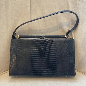 Vintage 50s 60s Handbag / Frame Purse / Black Faux LIZARD / Gold Clasp Detail / Chic