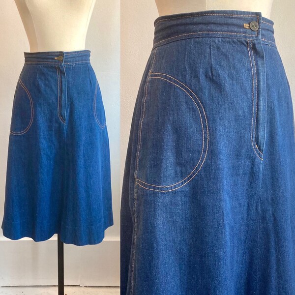 Vintage 70s SKIRT / DENIM / High Waist A-Line / Classic Orange Topstitch Half-Moon Side Pockets  + No Back Pockets