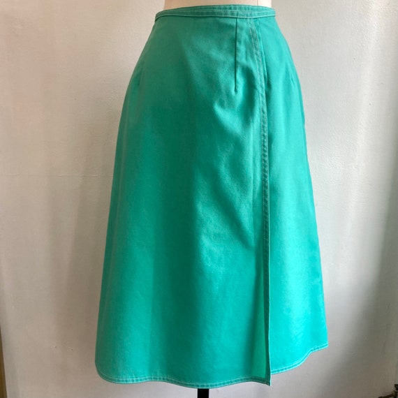Vintage 70s Wrap Skirt / Seafoam Color Cotton Duc… - image 3