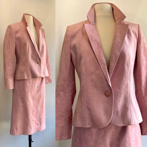 Vintage 70s Skirt Suit / BLUSH PINK Ultrasuede / Fitted Cropped One Button Jacket + Pencil Skirt / Adolph Schuman for Lilli Ann